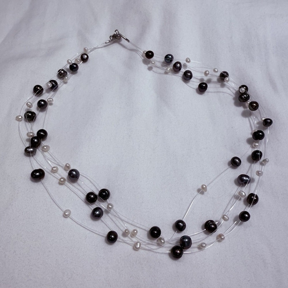 Floating Pearl Necklace Multi-Strand Black White